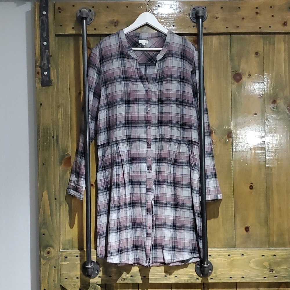 GARNET HILL PLUS SIZE 14 PLAID SHIRT DRESS PINK BLACK GRAY  LONG SLEEVE PLAID